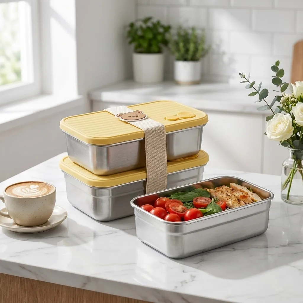 304 Stainless Steel Bento Lunch Box Microwave Heatable  Stackable 2Pcs/Set Portable Fruit Salad Food Container For Kids Students