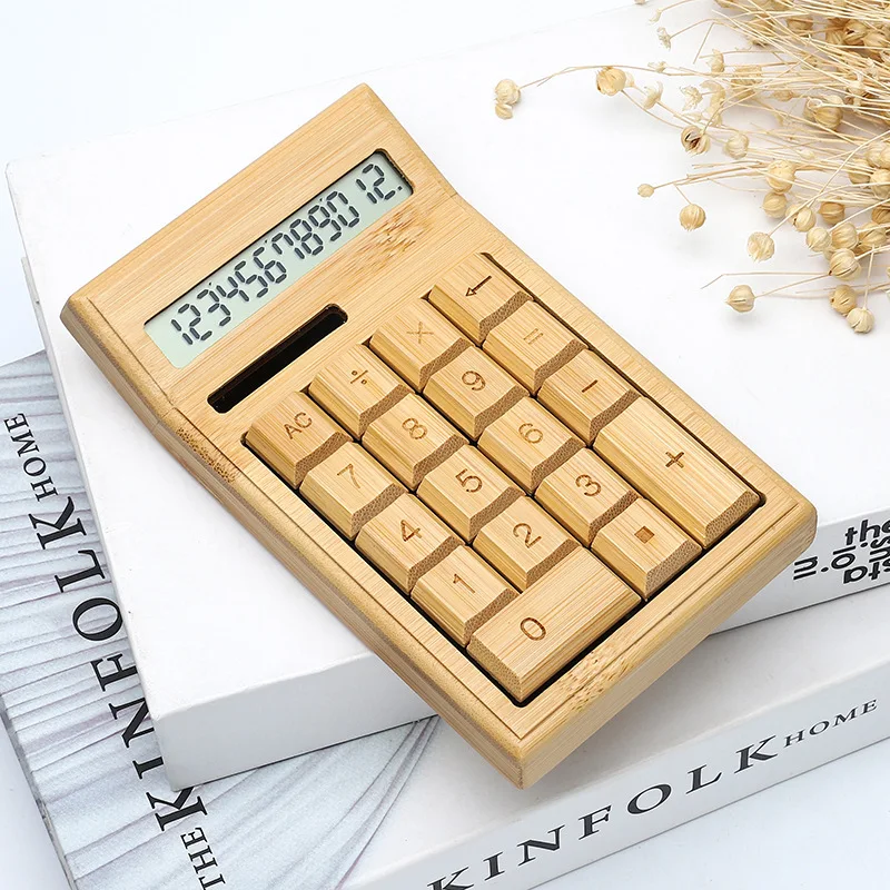 Luxmoc 12 Bit Solar Calculator Digital Bamboo Wooden Students Business Office Finance Accounter Mini Handheld Calculatoer