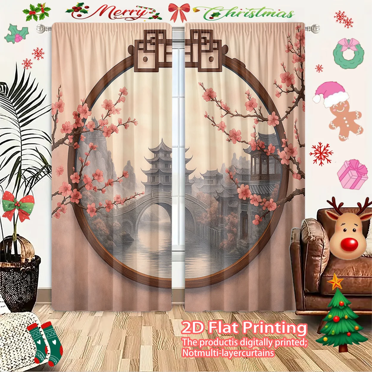 Chinese Pagoda Blossom Landscape Curtain Panel Holiday Christmas Decor Scenic Art Curtain Drapery Window Treatment