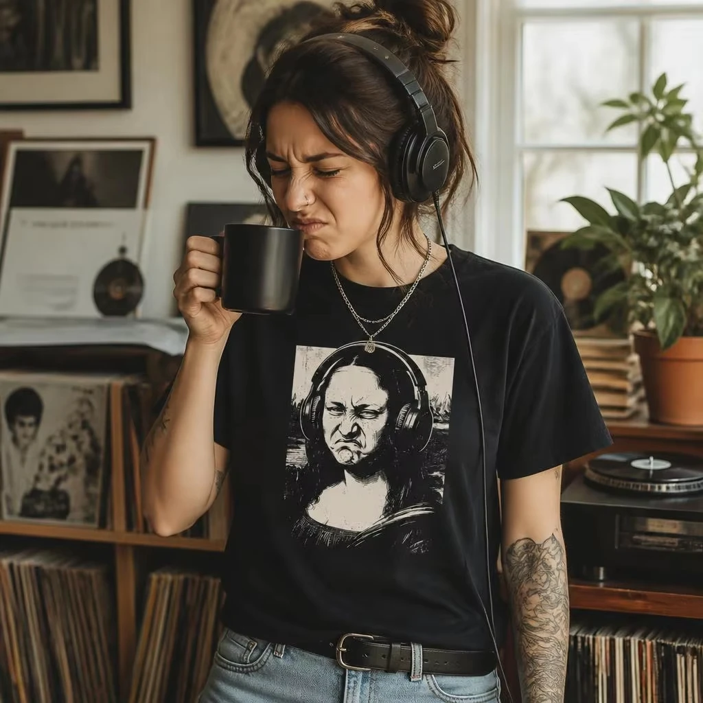 Mona Lisa Bass Face Funny Music Lovers DJs Men's and Women's Retro T Shirt Cotton Fun Short Sleeve Tee Gift T-Shirts