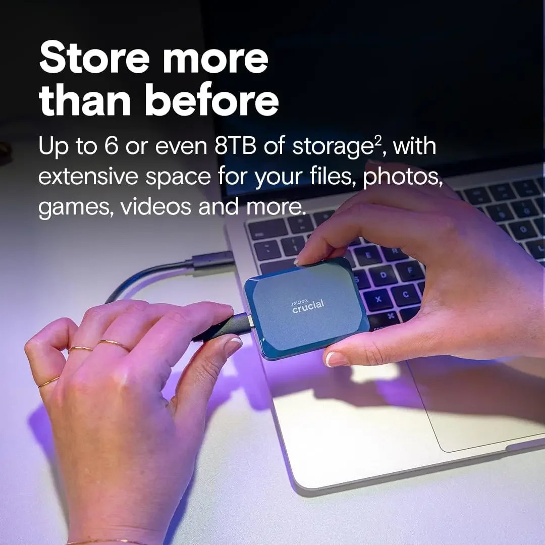 Crucial X10 8TB Portable SSD, Up To 2,100MB/s, USB 3.2 USB-C, External Solid State Drive, Compatible with Windows, Mac & Android, Durable Storage for Games, Photos & Files, Blue - CT8000X10SSD9-02