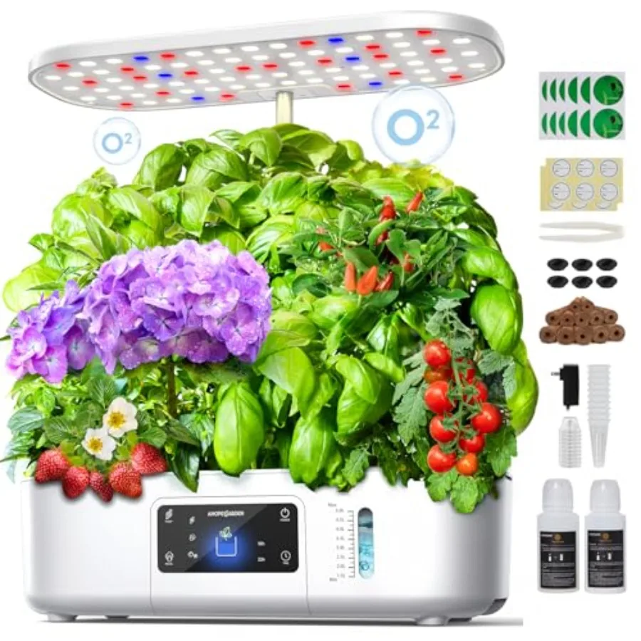 Indoor hydroponics growing system kit for herbs and lettuce, white plastic with LCD touch panel, 12-pod capacity, 17-inch max p