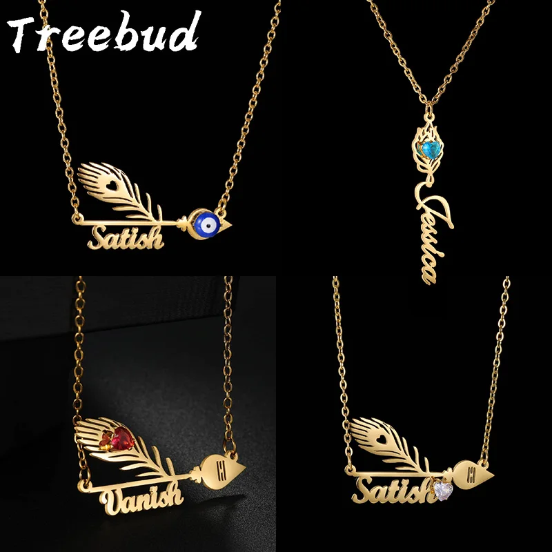 Personalisierte Pfauenfeder-Namenskette für Frauen, Edelstahl, individuell, bunt, Zirkon, Namensschild, Anhänger, Kragen, Schmuck, Geschenk