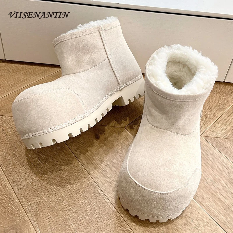 

Lovers Winter Boots Suede Leather Big Head Thick Soled Fashionable Women and Men Couples Ankle Boots Warm Fur Inside Snow Boots