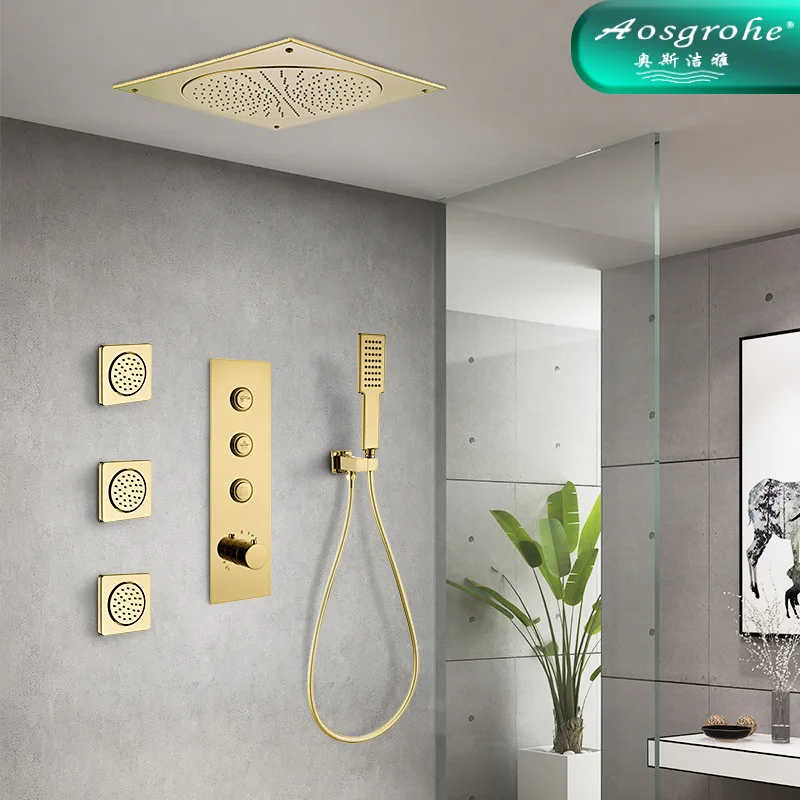 Modern Brushed Gold 19 inch Ceiling-Mounted Overhead Concealed Shower Set Solid brass Shower Faucet Kit Thermostatic Shower set