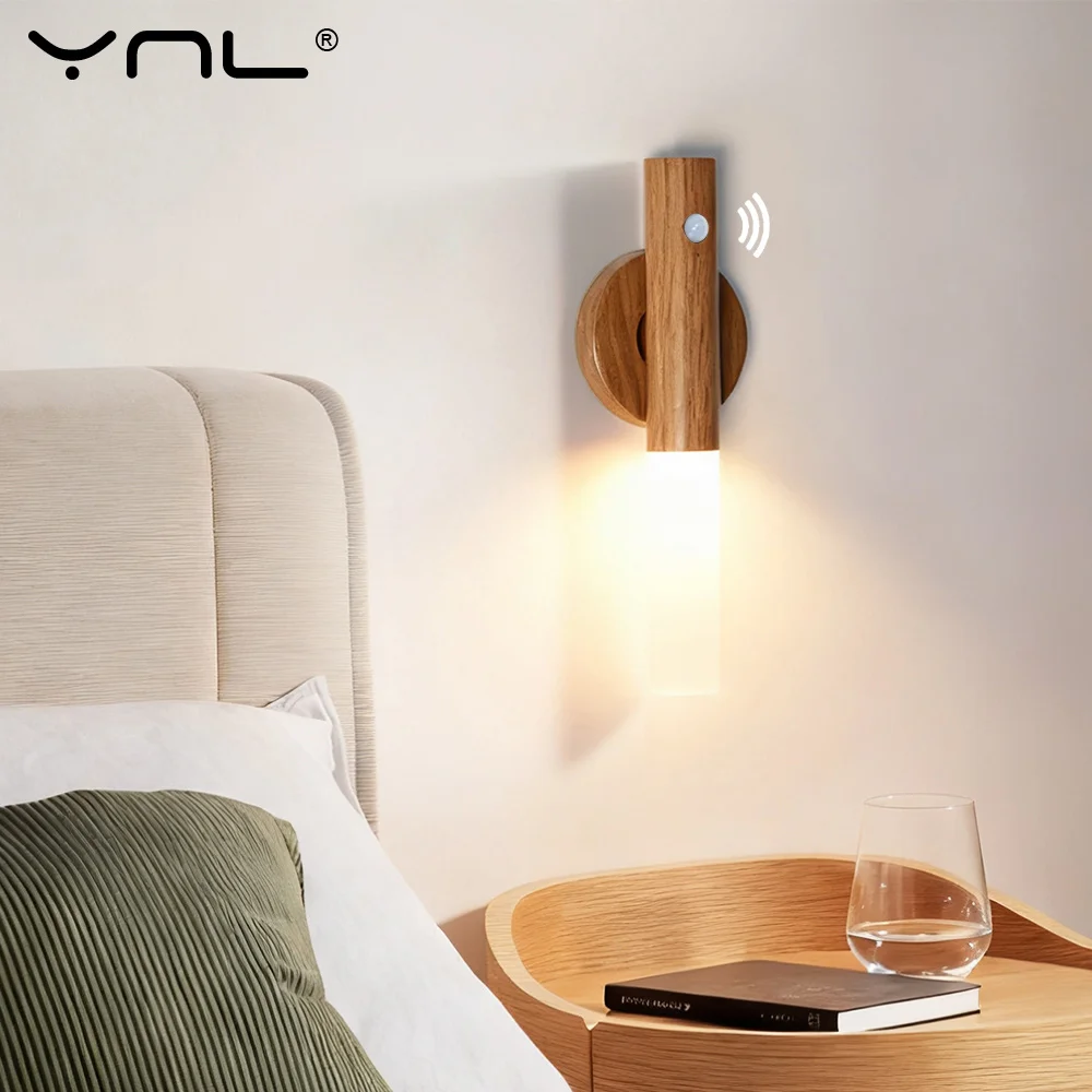 Magnetische LED-Wandleuchte, intelligenter Bewegungsmelder, Nachtlicht 360° ° Rotation LED wiederaufladbare Holz Wandleuchte Küchenschrank Licht Lampe