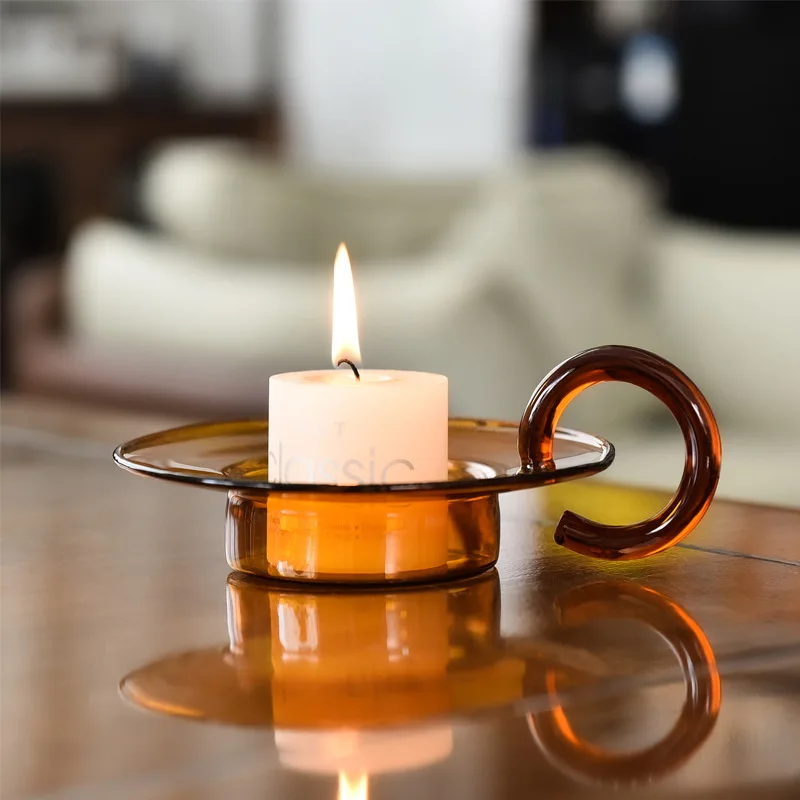 

2pcs/set European stained glass round candle holder with handle candlelight dinner table Candlestick household