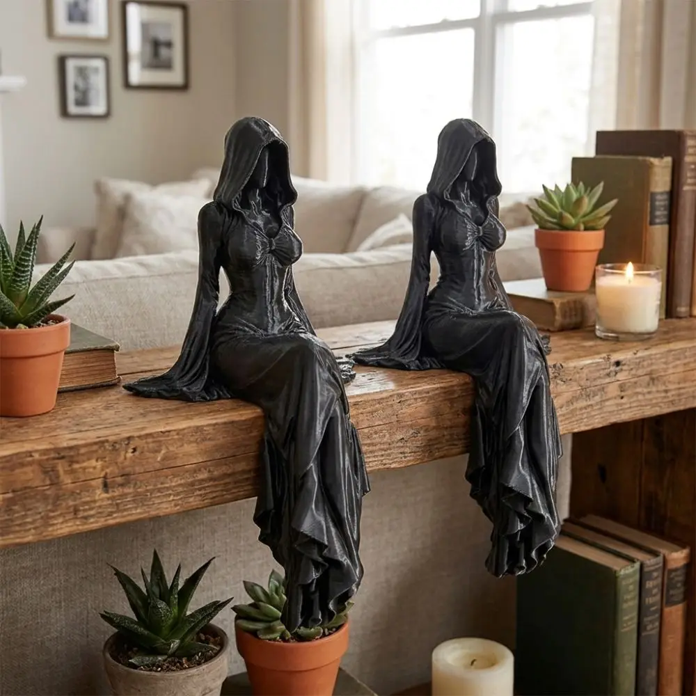 3D Printed Black Robe Figurine Gothic Style Handmade Sitting Pose Lady Sculpture Integrated Dark Themed Female Tabletop Ornament