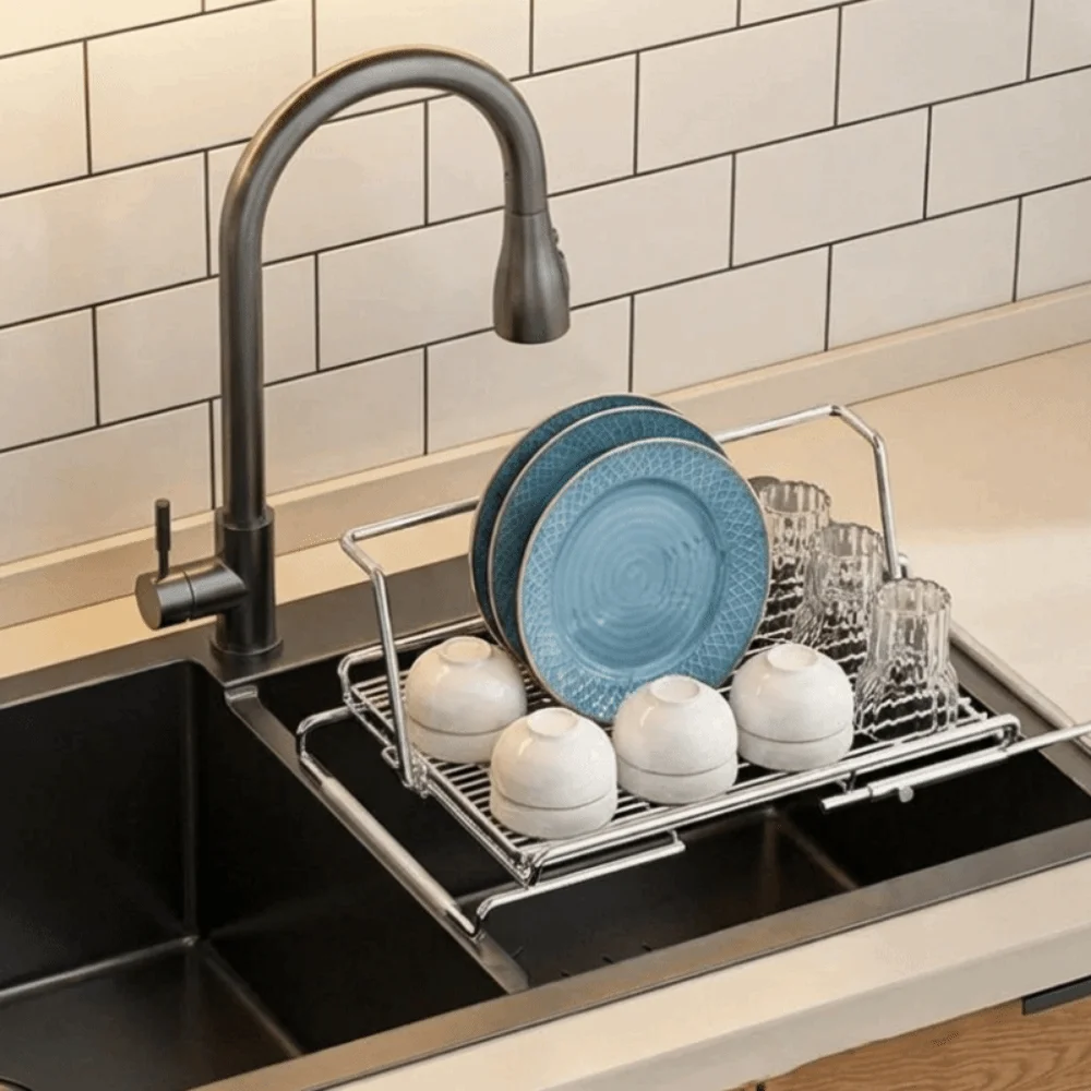

Stainless Steel Telescopic Dish Rack Adjustable Space Saving Sink Drain Basket Non-Slip Dish Drying Rack Basin