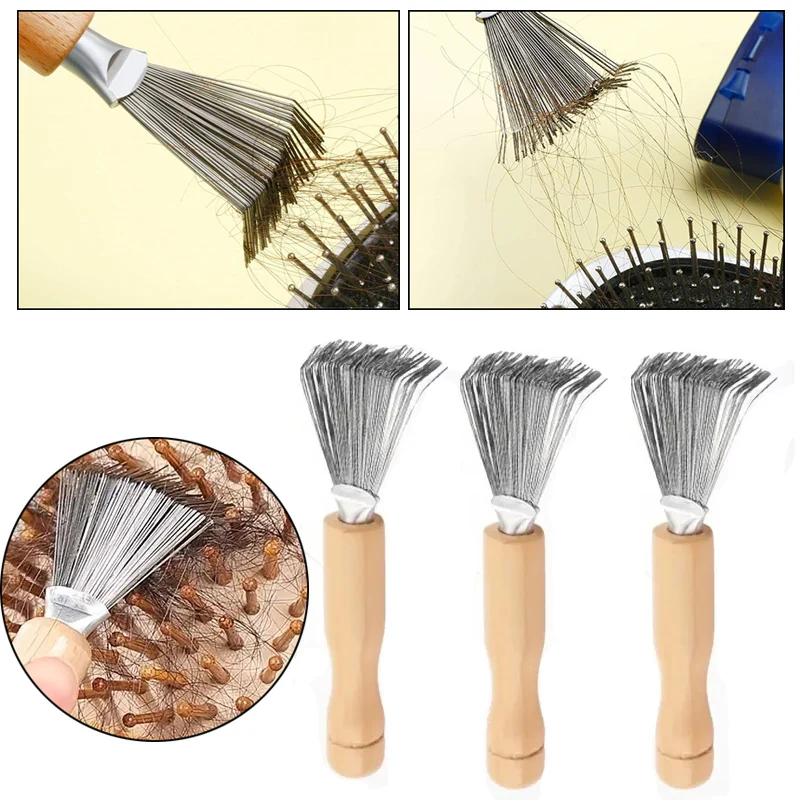 3pcs Hair Brush Cleaner Tool Set Wooden Handle Mini Hair Dirt Remover Brushes with Metal Wire Rake for Removing Hairs Dust Dirt