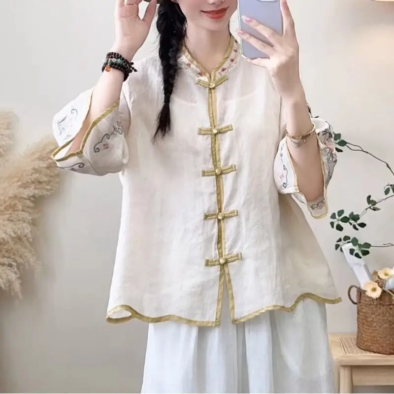 

Summer new retro Chinese style cotton and linen embroidered ethnic style tops with trumpet sleeves slim cardigans for women