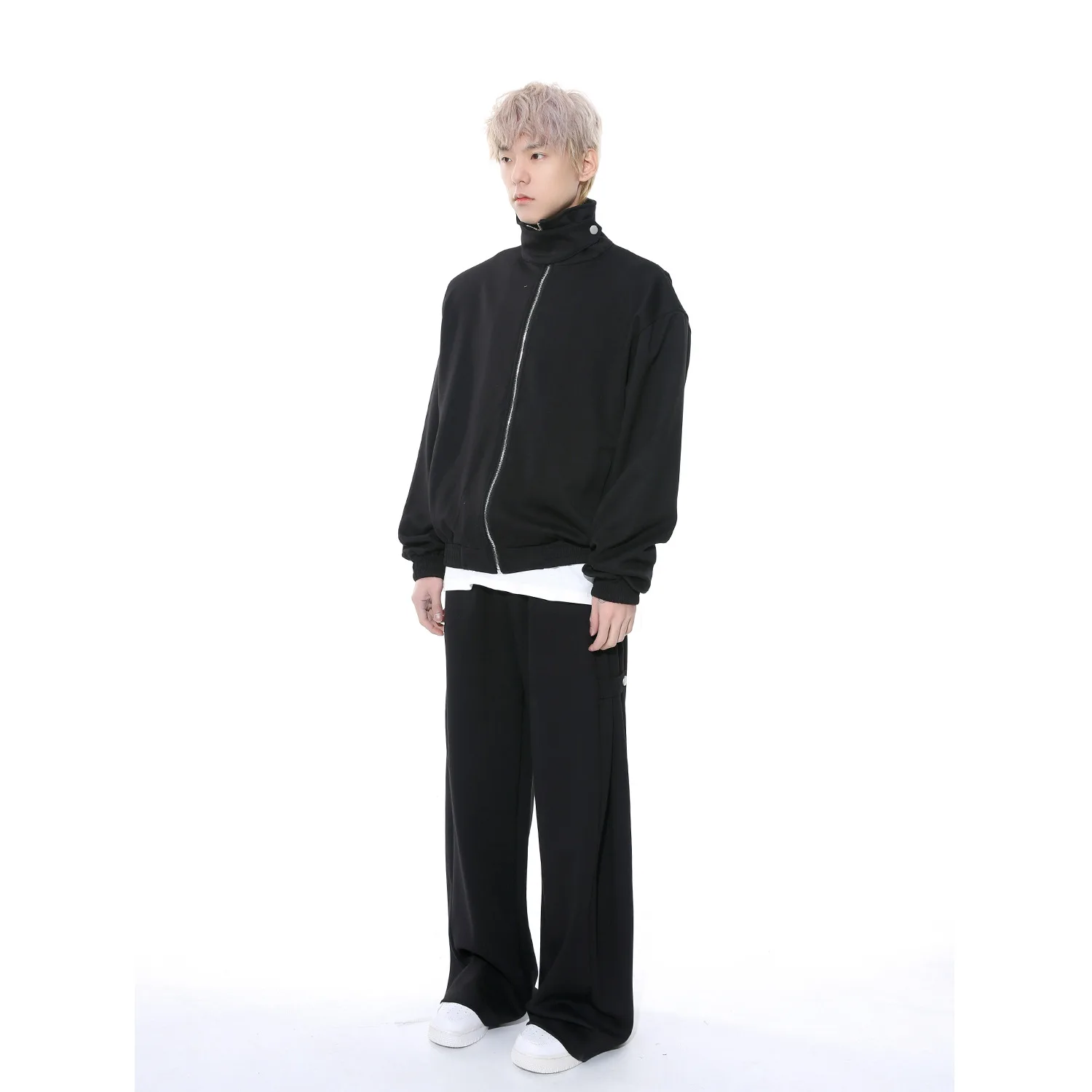 Korean Version of Solid Color Loose Sports Two-piece Set, Men's Spring New Fashion Casual Zipper Hoodie Coat + Wide-leg Pants