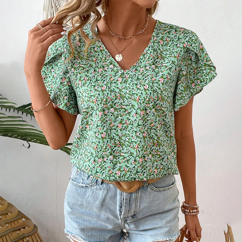 Summer ladies no rules small flower print design chiffon round neck shirt summer relaxed relaxed breathable slim short-sleeved