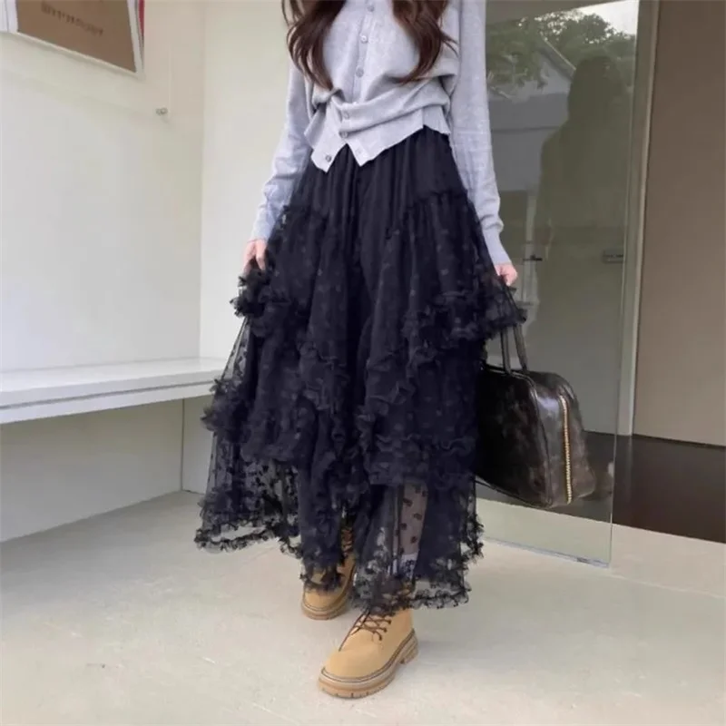 القوطية لوليتا الدانتيل شبكة الكشكشة الجنية الأميرة تنورة حفلة المرأة غير المتكافئة لطيف الستار شير التستر رقيقة تنورة طويلة الأبيض #2