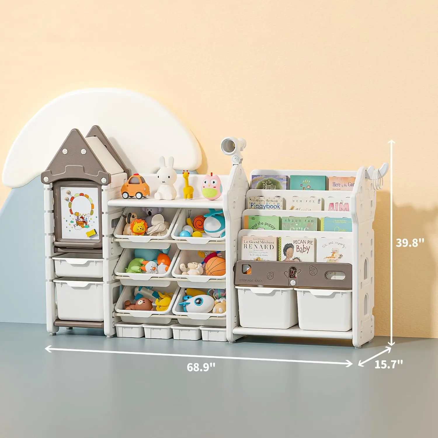 Kids Toy Storage Organizer with Bookshelf, 14-Bin Playroom Organizer and Bookcase, HDPE Toddler Storage Shelf with Drawing Board, for Nursery, Bedroom and Playroom (Brown)