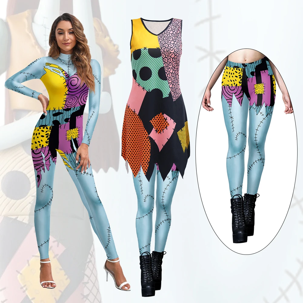 Halloween Kostuum Sally Suits Jurken Leggings Cosplay Film Nachtmerrie Kerst Vermomming Party Woman Zentai Bodysuit