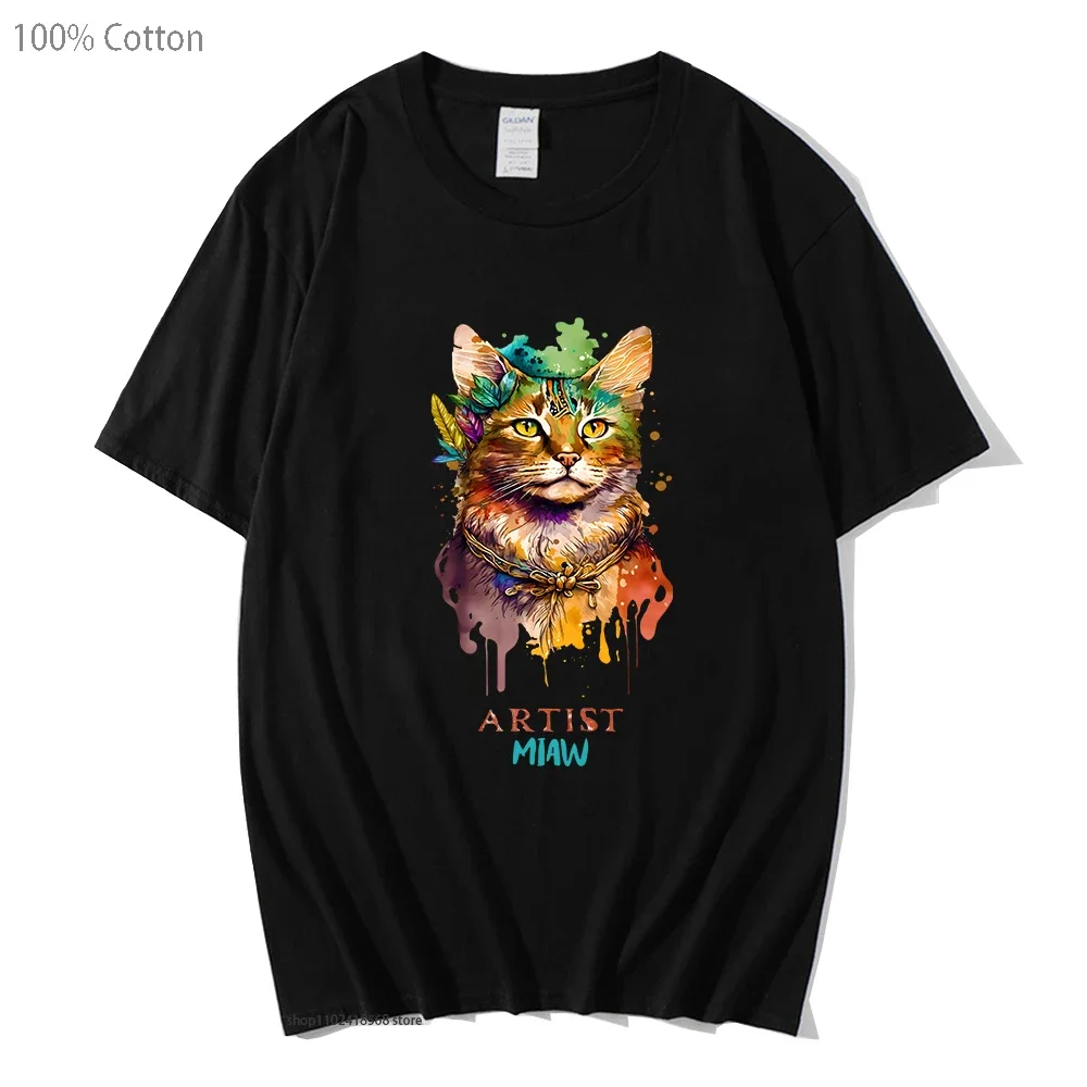 

Рубашки Cute Cat Miaw для мужчин Футболка художника Одежда в стиле аниме 100% хлопок Летние футболки Уличная одежда для женщин с круглым вырезом Повседневный топ Y2k унисекс