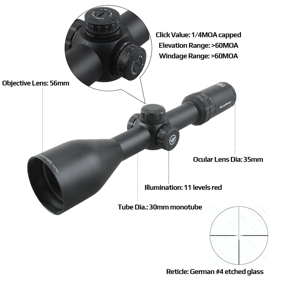 Vector Optics Grizzly 3-12x56 Riflescope Hunting 3-12x 56mm Rifle Scope German #4 Glass Reticle With Red Illuminated Dot