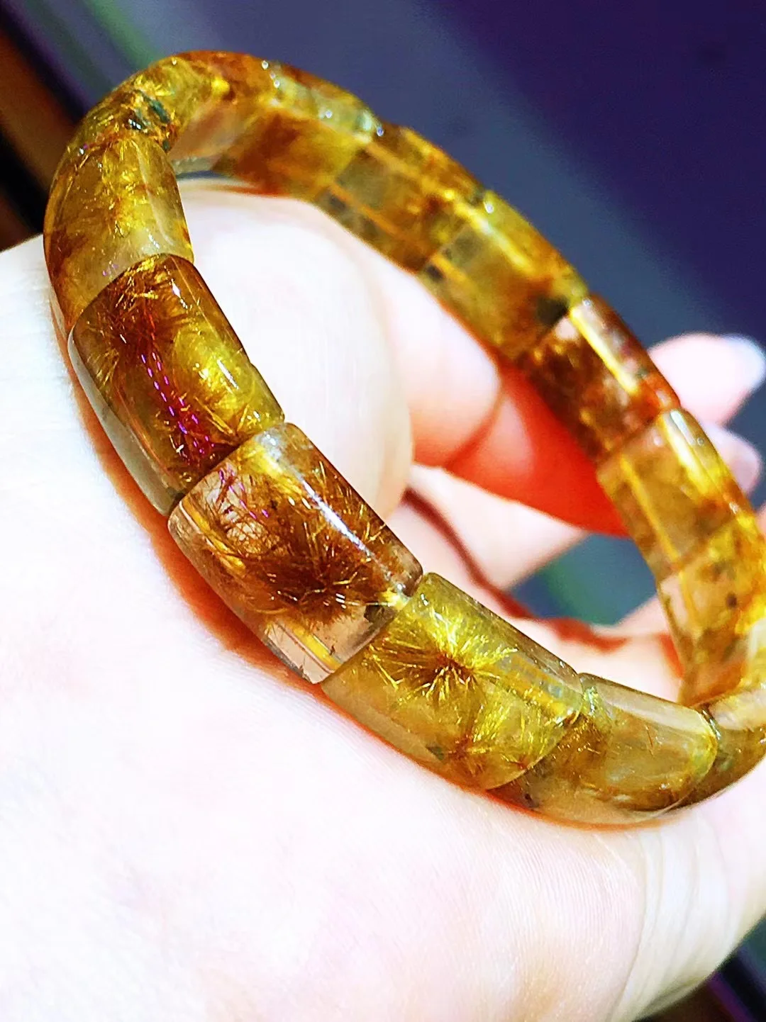 Natural Gold Rutilated Quartz Flower Bracelet Titanium Woman Man 9.8x13.5x5.4mm Clear Rectangle Beads Bangle Wealthy AAAAAA