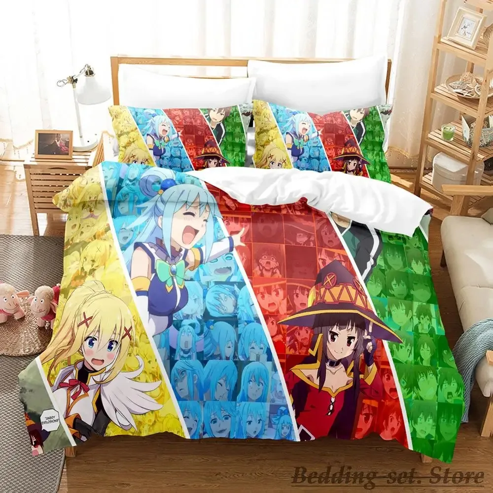 New KonoSuba Bedding Set Cartoon Anime three-piece set Adult Kid Bedroom Duvetcover Sets 3D Kawaii Girls king size bed sets