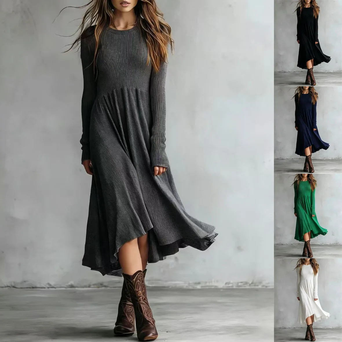 

Basic Long Sleeve Dress Women Spring Summer Solid Color Round Neck Dresses Casual Simple Maxi Outfit Clothes