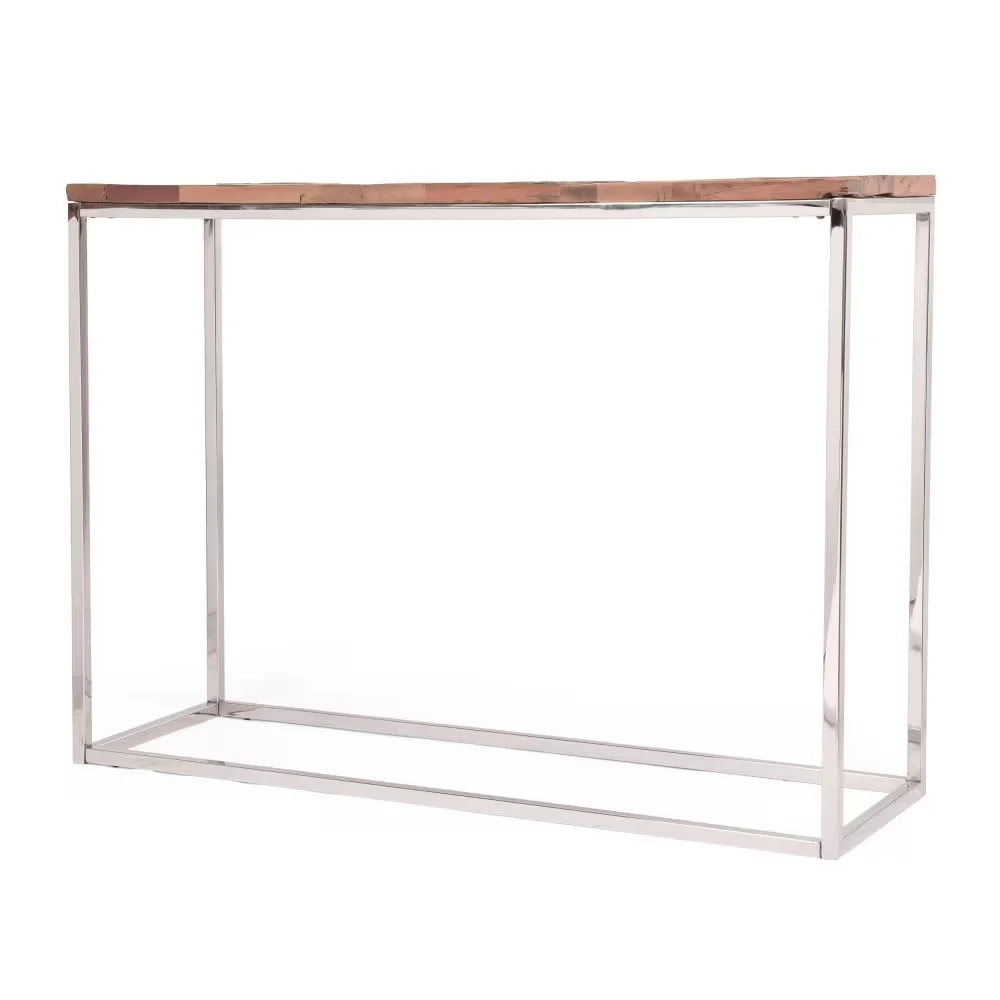 Boho Glam Console Table – Handcrafted Wood Top with Stainless Steel Frame in Dazzling Silver