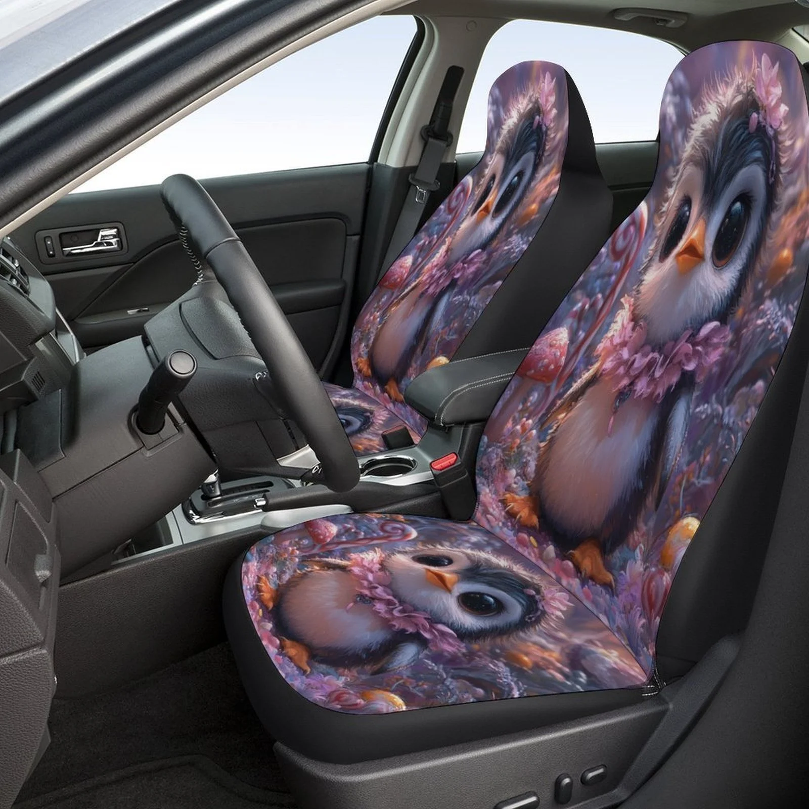 Car Seat Cover Set Featuring A Whimsical Penguin Fantasy Forest Design, Suitable For A Variety Of Vehicles. This Stylish And Uni