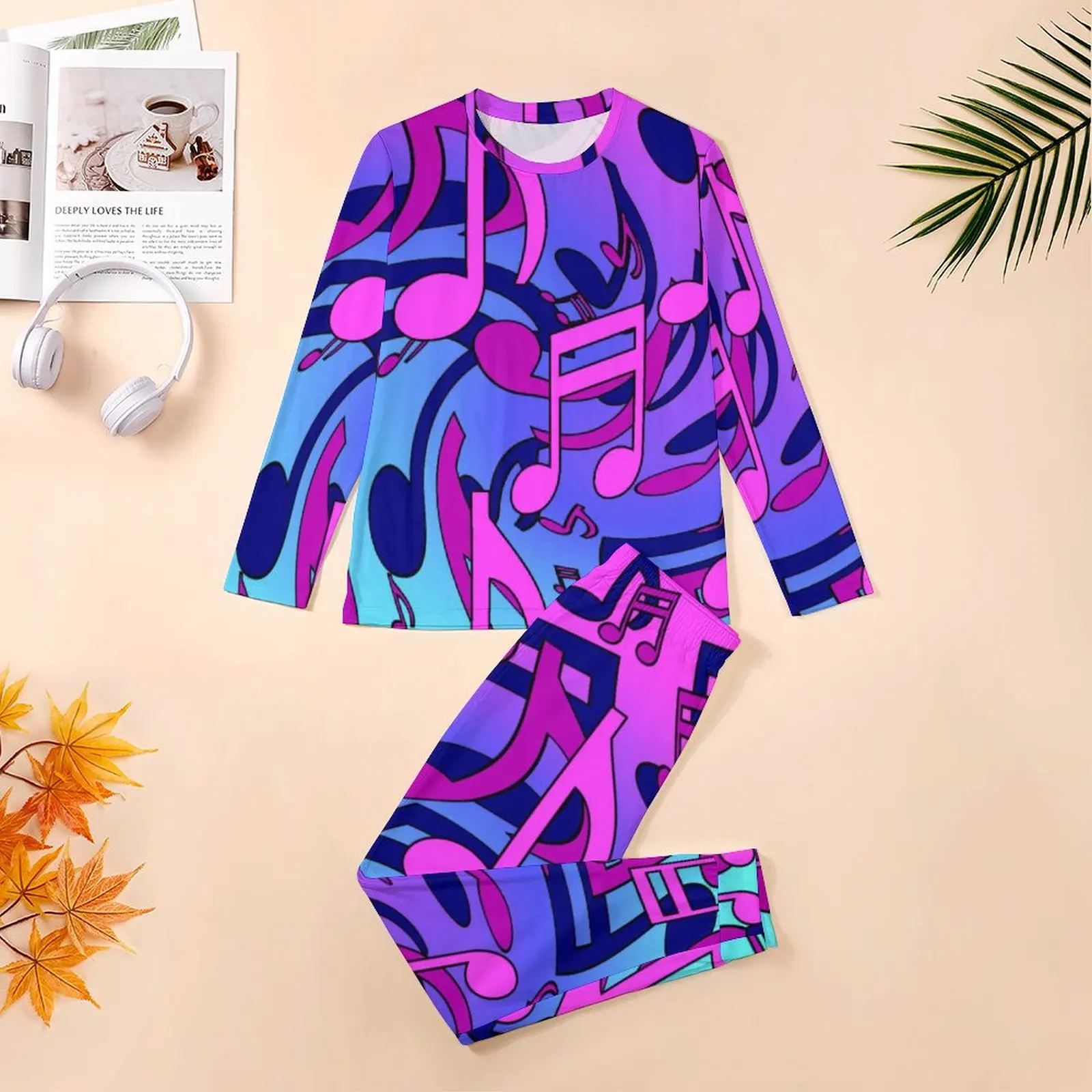 Beautiful Music Pajamas Autumn Pink Purple Blue Home Sleepwear Male 2 Piece Pattern Long Sleeve Lovely Oversize Pajama Sets