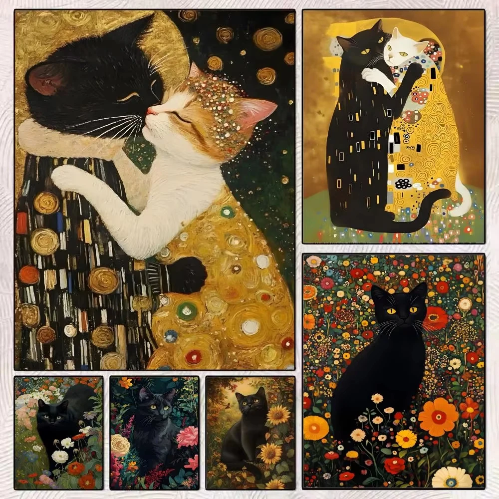 Gustav Klimt Stil Katzenmalerei 5D DIY Diamantmalerei-Set mit runden Steinen für Zuhause, Café, elegante Wandkunst-Dekoration, Geschenk