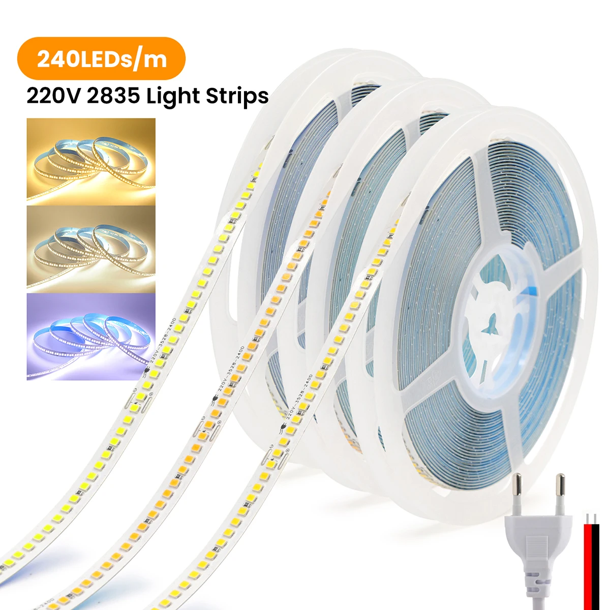 220V 2835 LED Strip Light With 2pin Wire EU Plug 240 LEDs/m White Warm Natural Flex Adhesive Tape High Brightness Lighting Decor