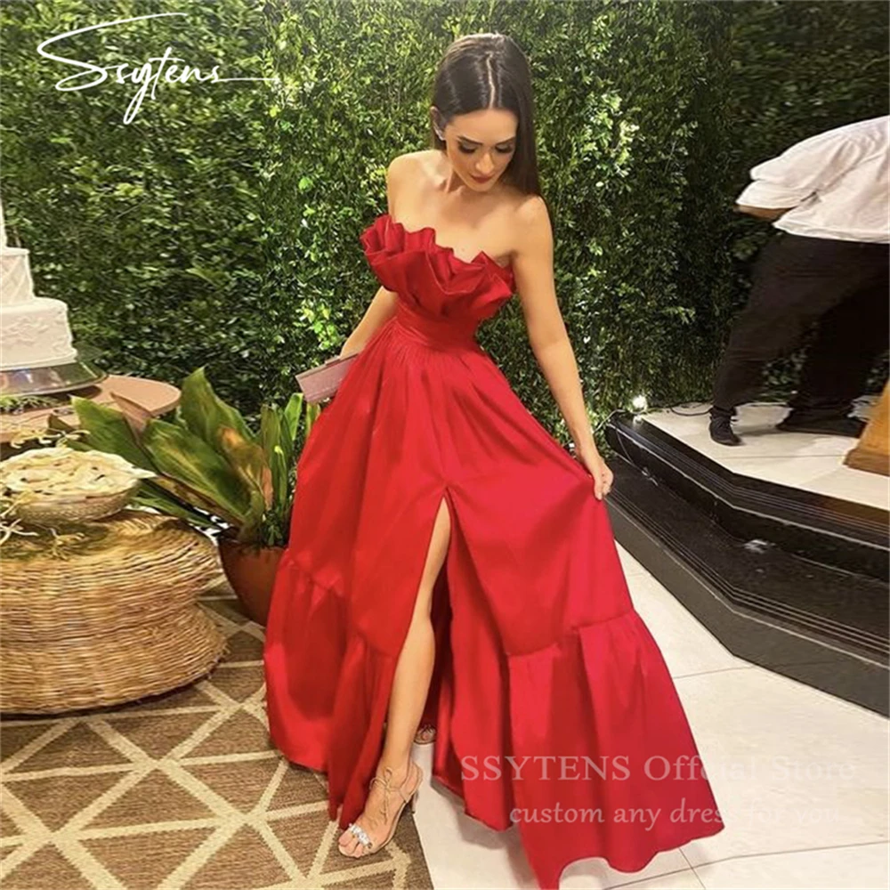 

SSYTENS Red A-Line Long Prom Dresses Strapless Customized Graduation Party Gowns for Women Side Slit Wedding Evening Dresses