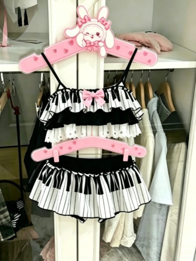 Ladies Kawaii Harajuku Halter Printed Bikini Soft Ruffle Two Piece Swimwear Summer Daily Seaside Beach Casual Vacation Outfit