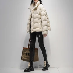 Short Stand collar Down Jacket Women's 2023 Winter New Korean Loose White duck down fluffy Coat Female Solid Casual Outwear Tops