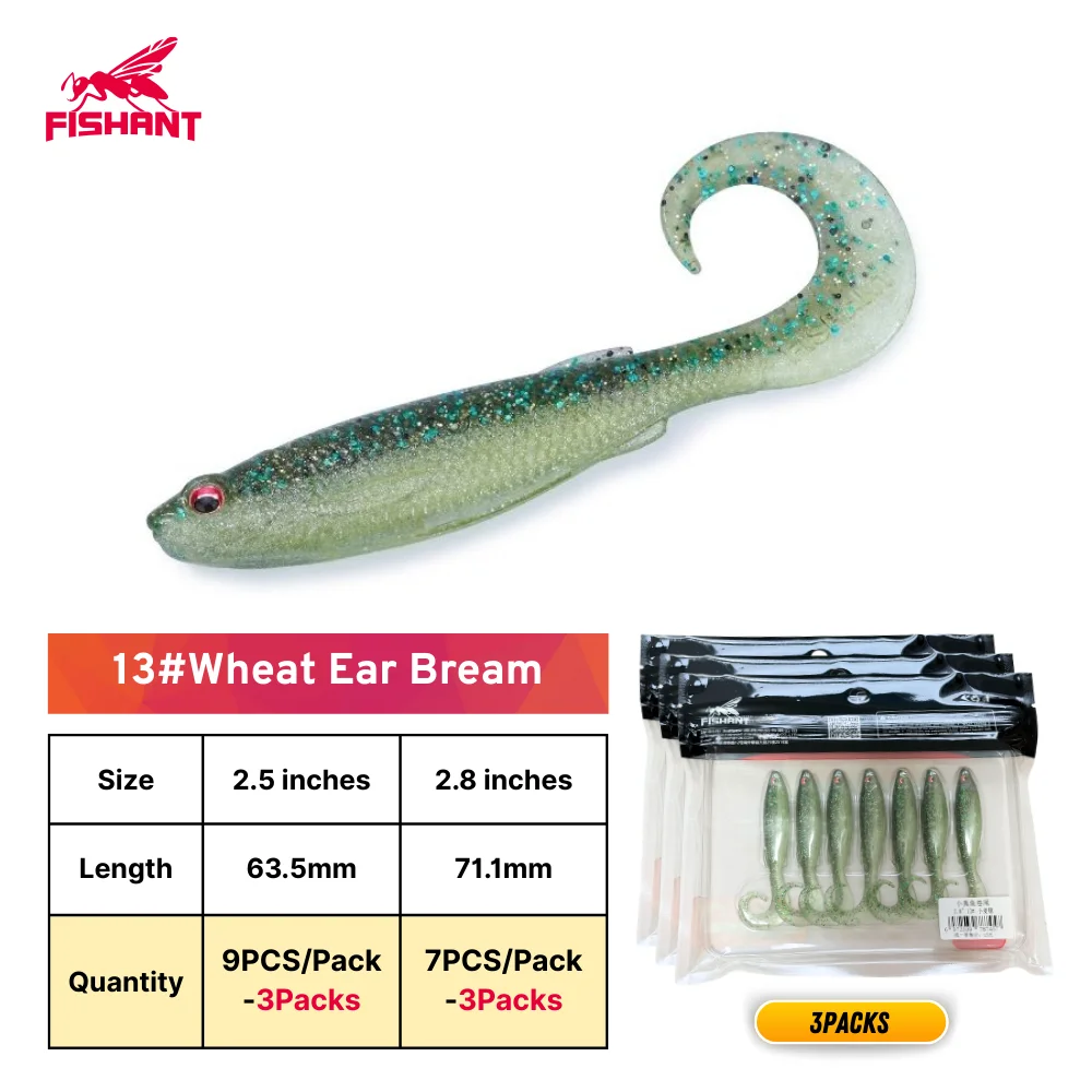 FISHANT Kleine echte vis met gekrulde staart, zacht kunstaas - Zinkend 2,5"(9PCS)/2,8"(7PCS) 3/5 pakjes, baarsaas voor Texas/Drop Shot/Ned Rig