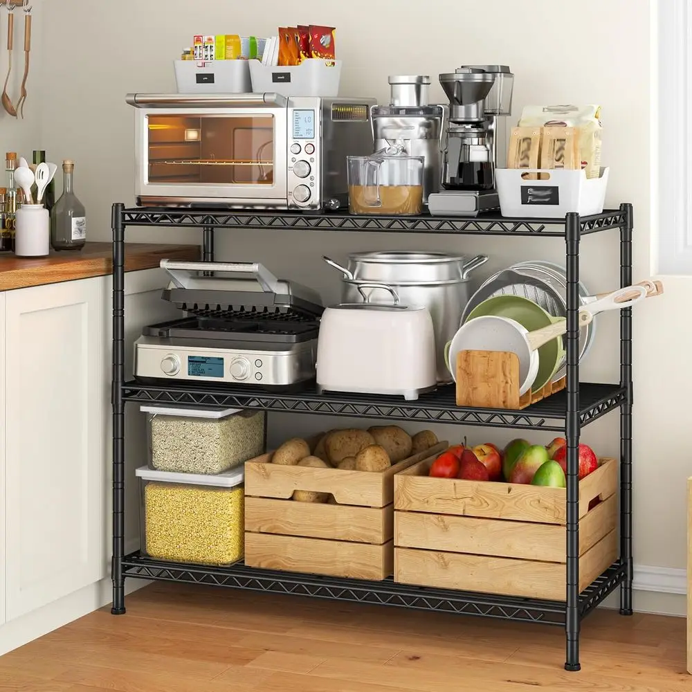 35.6 Wide 3-Tier Adjustable Metal Wire Shelving Unit, Heavy Duty for Kitchen, Laundry, Pantry, Office, Garage, Closet - Black