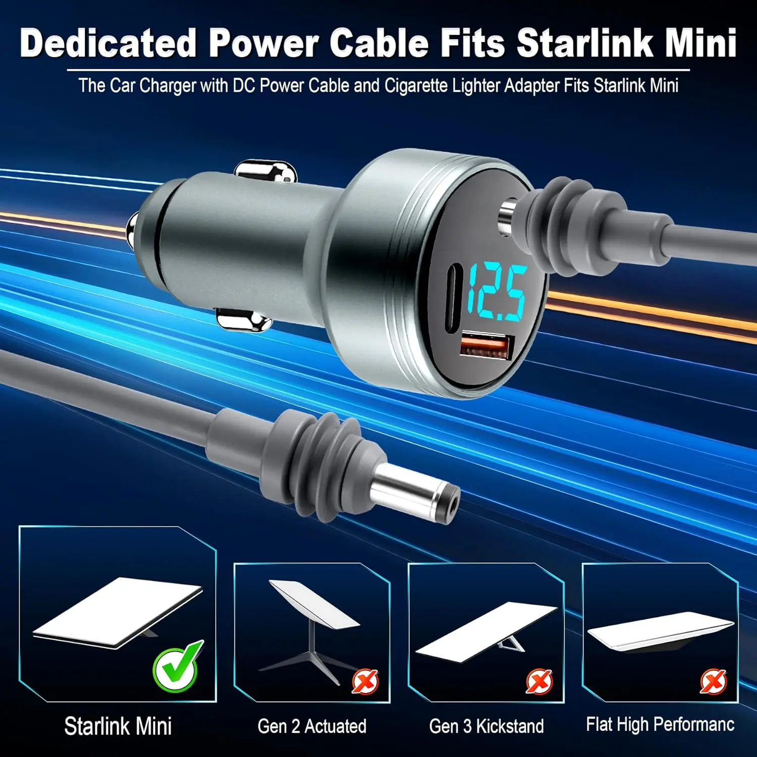 Car Adapter for Starlink Mini, 3-in-1 Car Charger and DC Power Cable with Cigarette Lighter Adapter, 12V-24V Digital Display