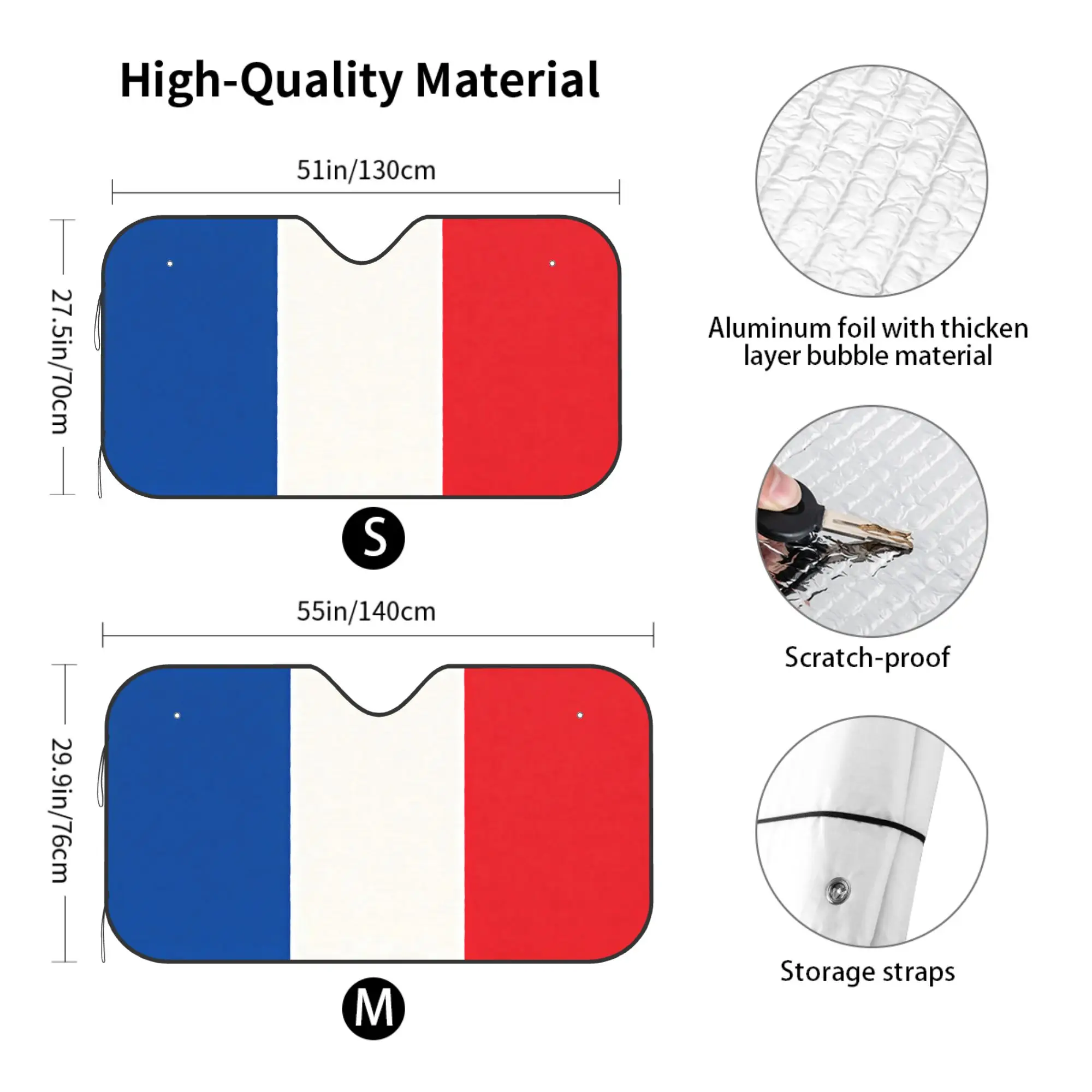 France Flag Car Windshield Sun Shade, Foldable UV Ray Reflector Heat Shield to Keep Vehicle Cool, Aluminum Foil Sunshade