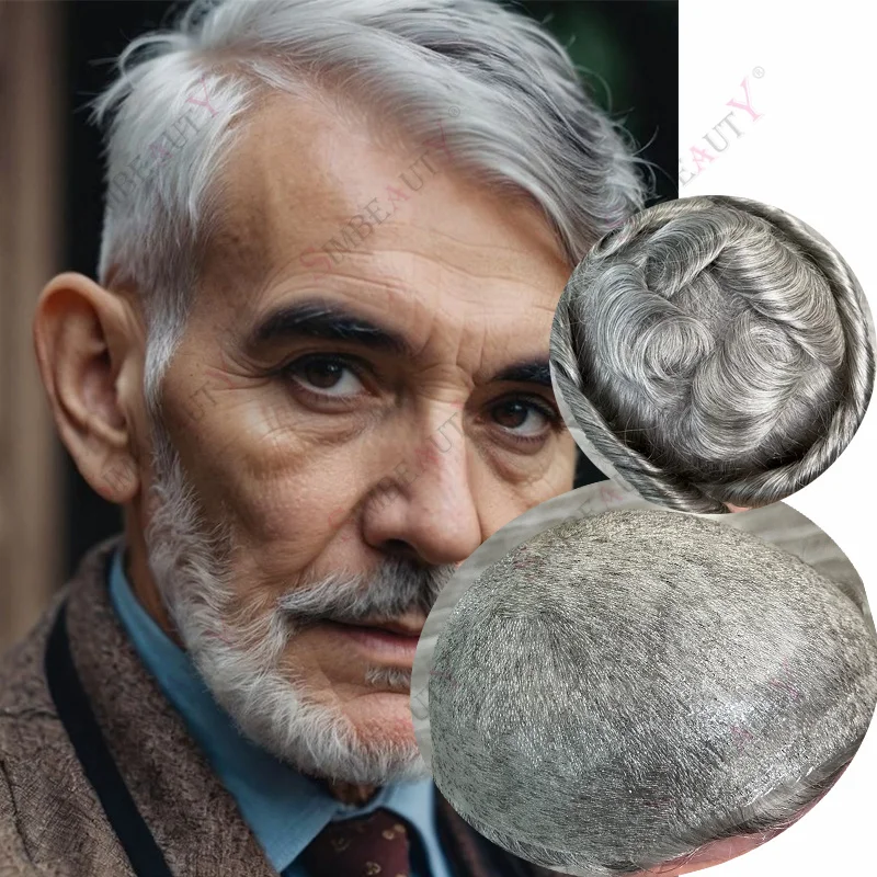 

Invisible Skinlike Men White Grey Human Hair Prosthesi 90%Density Super Natural Hairline 0.02mm Ultra Thin Skin Vloop Men Toupee