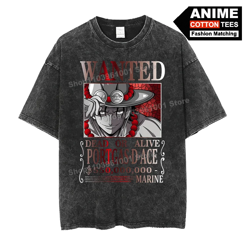 Camiseta Retro lavada estilo callejero Anime ONE PIECE-Portgas D Ace WANTED ropa estampada algodón suelta hombres mujeres camisetas de manga corta