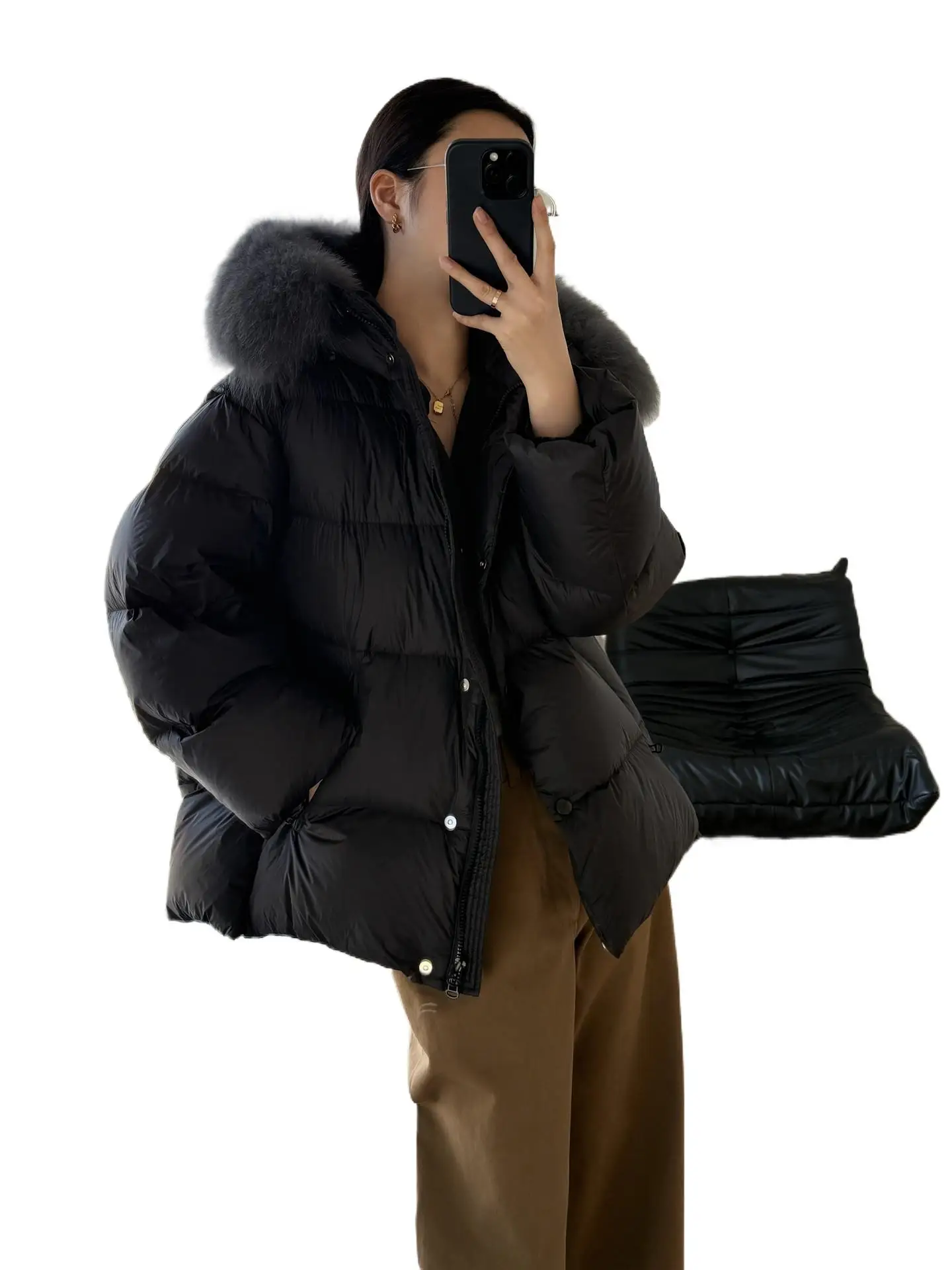Double the Warmth 2025 Winter New hooded large fur collar fox fur puff, Soft 90 white duck down down jacket for women