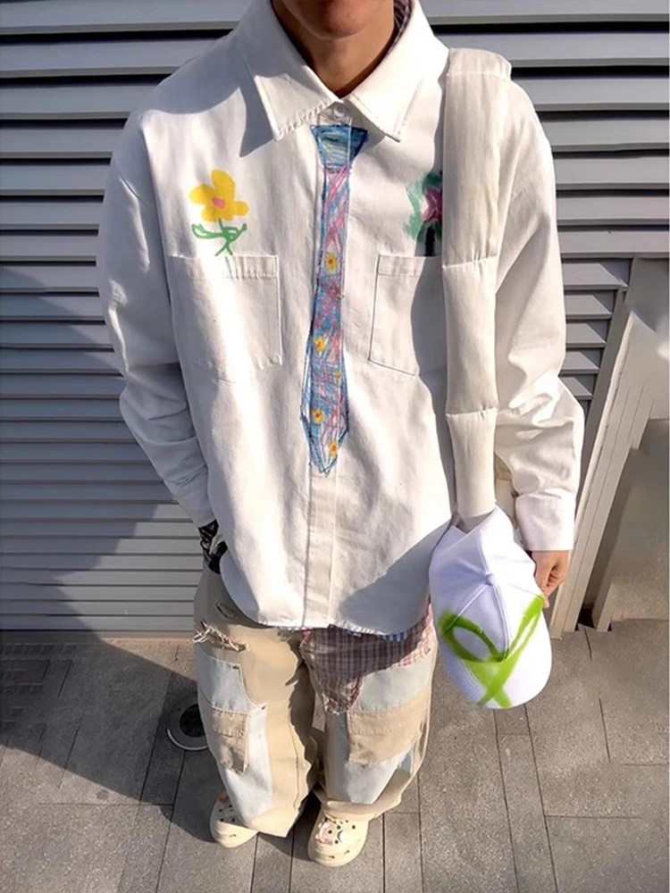 

Hand-Drawn Wax Shirt for Men Long Sleeve Tie White College Style Premium Feeling Cool Outerwear Loose Fit Youthful Trend