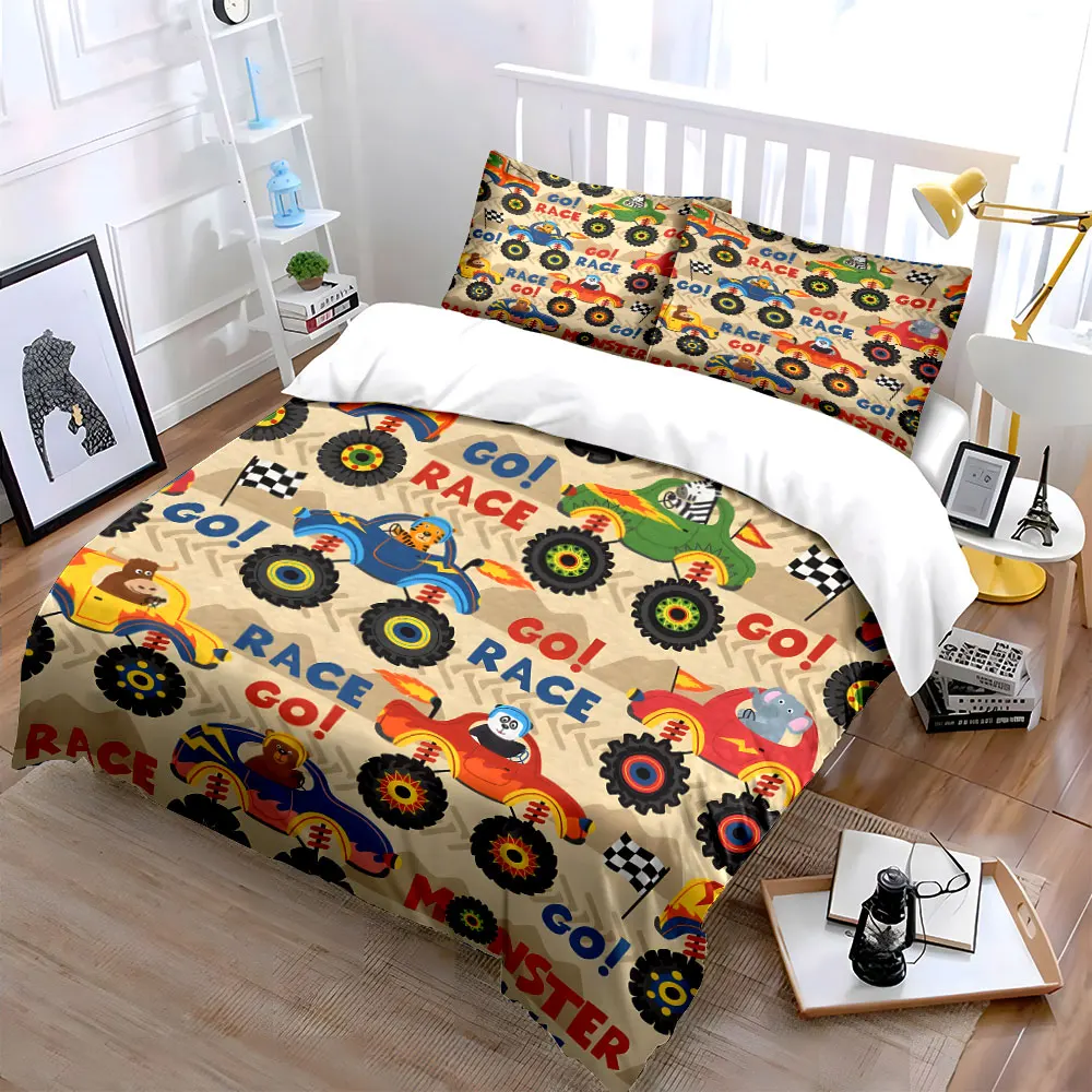 Cartoon animals driving monster trucks racing Print Bedding Set 1 Duvet Cover 2 Pillowcases for Adult and Children Luxury Gift