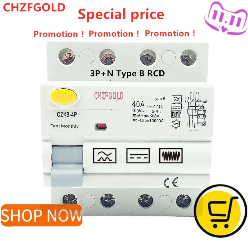 NEW CHZFGOLD Type B RCCB 63A 4 Pole ELCB Earth Leakage Circuit Breaker DC RCD 4P 40A 63A 30mA