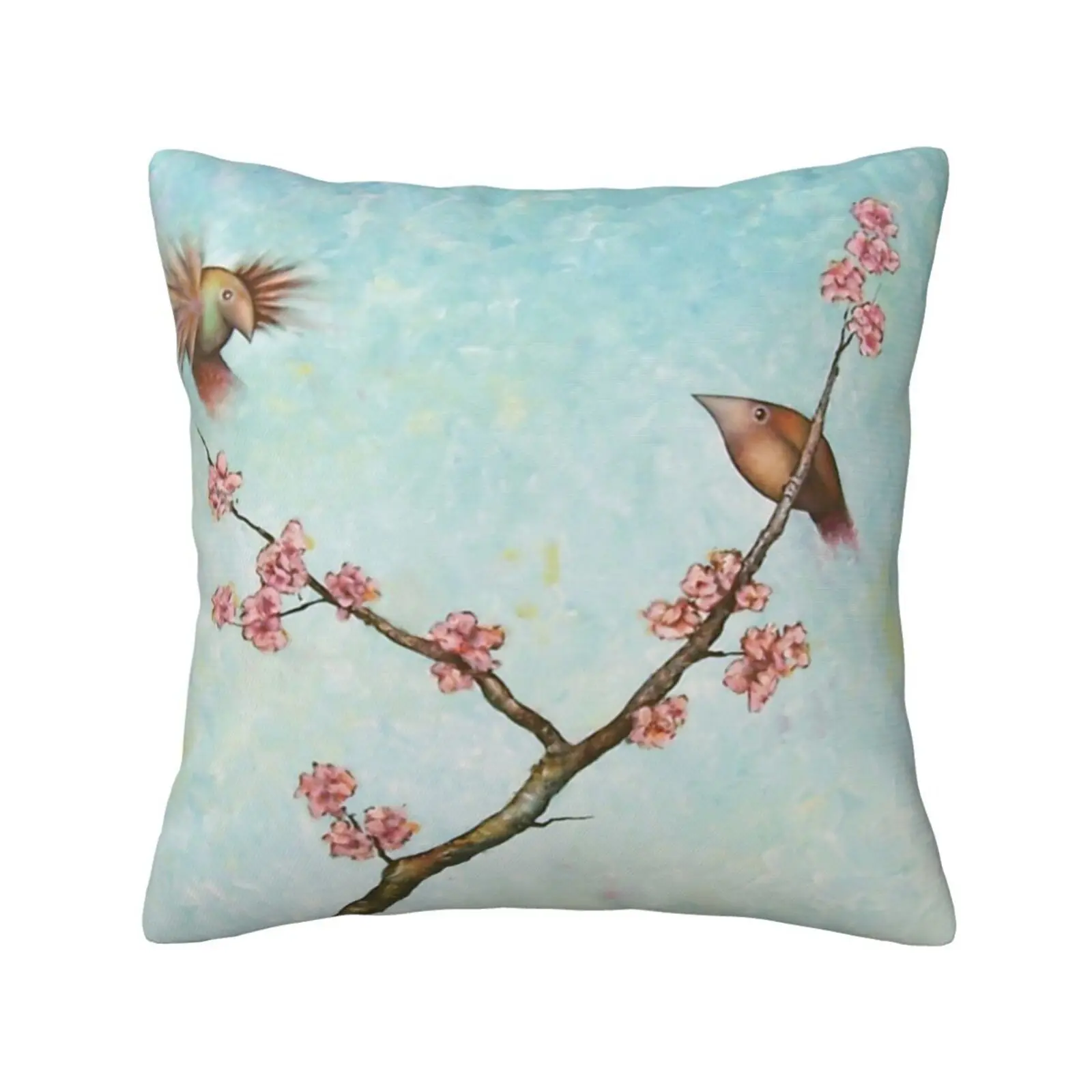 Rendezvous Home Sofa Car Waist Throw Pillowcase Blue Landscape Sky Flowers Tree Nature Pink Birds Wildlife Flight Cherry Branch