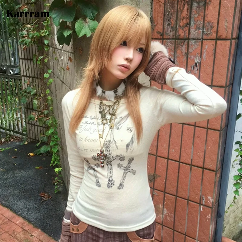

Karrram Japanese Y2k Anime Print Knitted Tops Vintage Harajuku Long Sleeve Knit T-shirt 2000s Aesthetics Knitwear American Retro