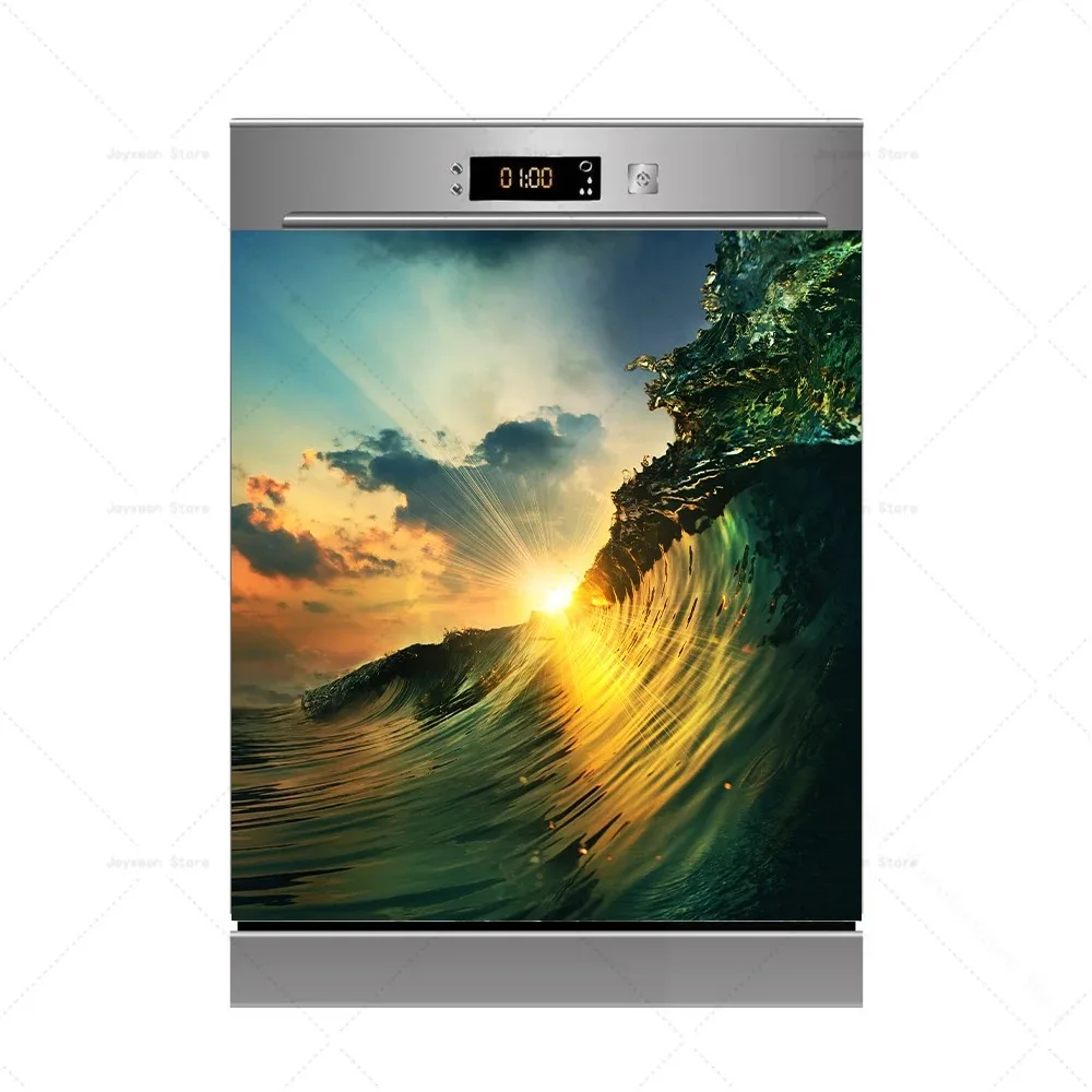 Ocean Wave Shark Dishwasher Stickers Waterproof Self-Adhesive Doors Decals Coastal Sea Landscape Wrap for Kitchen Home Decor
