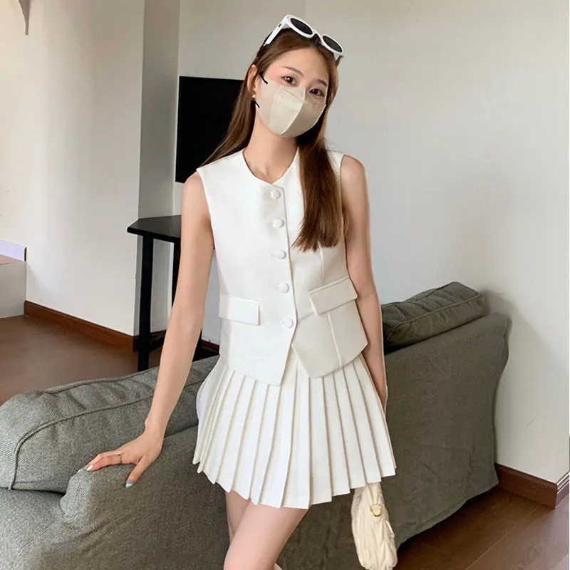 Korea Elegant Two Piece Set Vintage Office Lady Button Sleeveless Top + Pleated Mini Skirts Suit Retro Summer Black Outfit White