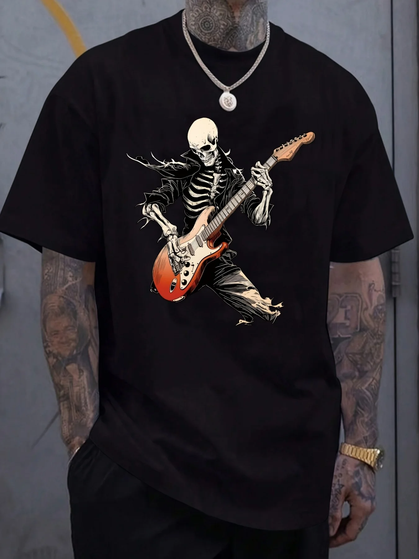 Men's ShortSleeve TShirt Features a Creative PunkStyle Skull Playing Guitar Print Design Perfect for Casual Wear with a Round Neck Suitable for Spring And Summer.Comfortable Sports Enthusiast Moisture-Wicking Sports Shirt