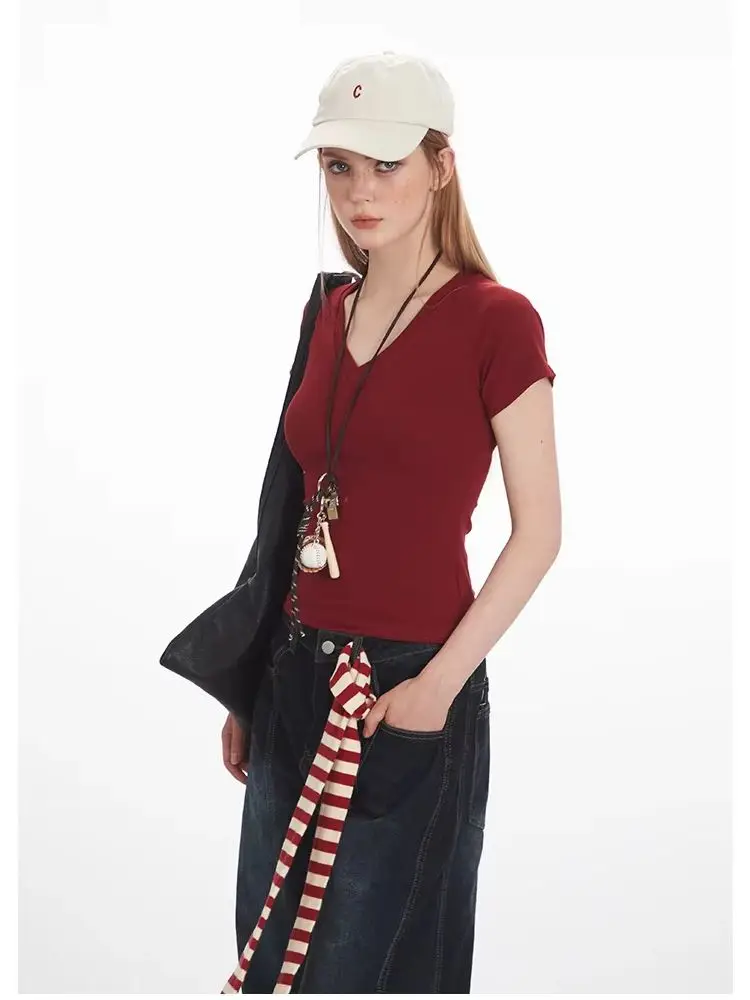 レッドサマースリムフィット V ネックコットン Tシャツレディーストップ通勤怠惰なソリッドカラー Tシャツ半袖 2026 新しい