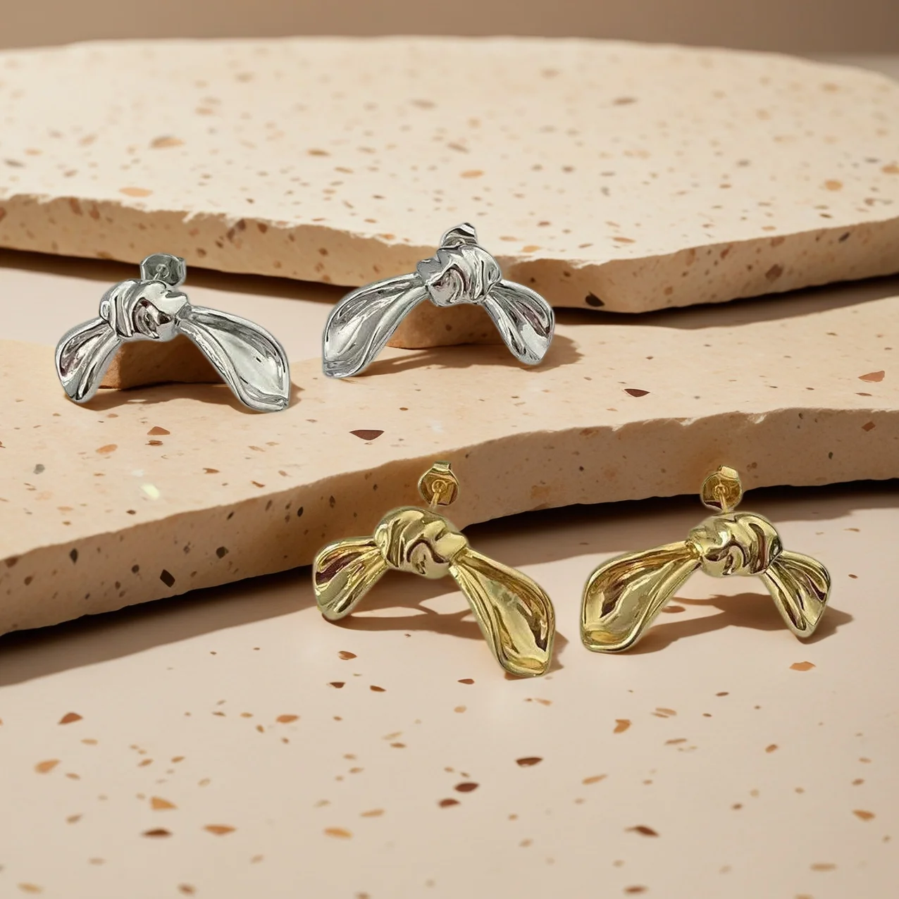 Yuri Ailey Irregular Wrinkled Bow Stud Earrings for Women Vintage Gold Silver Bowknot Ear Studs Geometric Fashion Jewelry